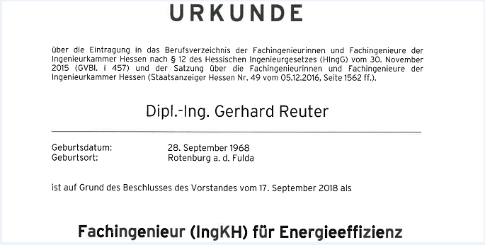 Dipl.-Ing. Gerhard Reuter als Fachingenieur für Energieeffizienz anerkannt